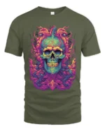Electric Skull Tee Colorful Skull Face Graphic Tee Now - military green t-shirt on white background