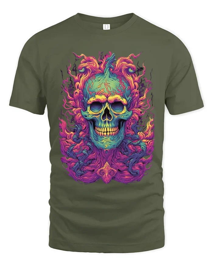 Electric Skull Tee Colorful Skull Face Graphic Tee Now - military green t-shirt on white background