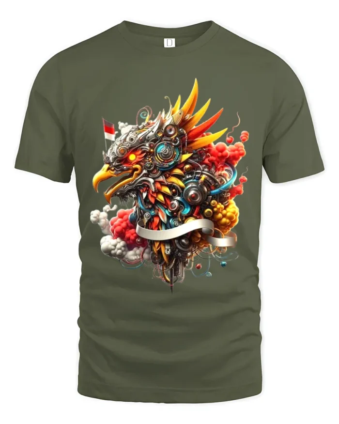 Pancasila Eagle T-Shirt Powerful Asian Bird Art Tee - military green t-shirt on white background