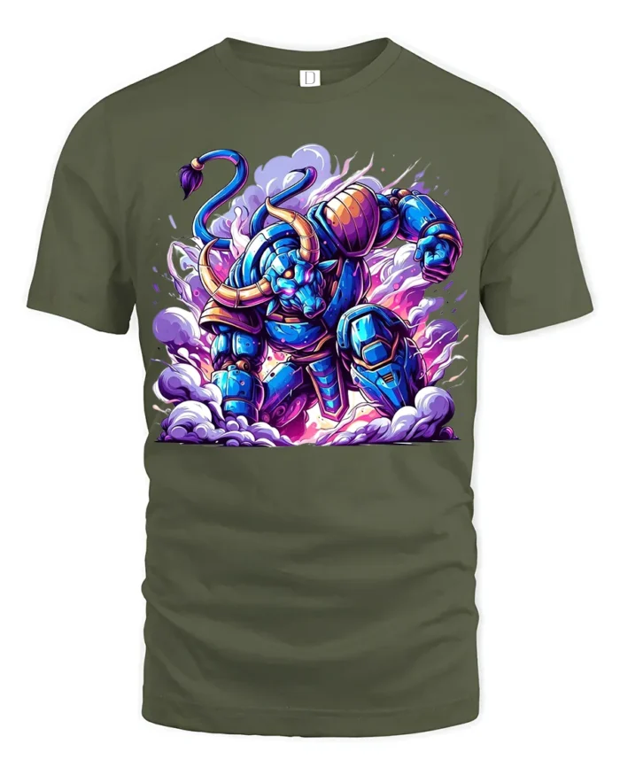 Epic Robotic Minotaur Tee Vibrant Sci-Fi Cotton Shirt - military green t-shirt on white background