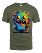 Cute Monster Face Tee Funny Colorful Alien Graphic T-Shirt - military green t-shirt on white background