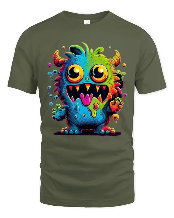 Cute Monster Face Tee Funny Colorful Alien Graphic T-Shirt - military green t-shirt on white background