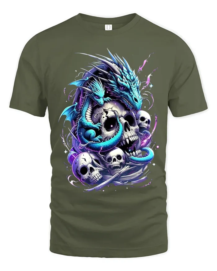 Epic Gothic Dragon T-Shirt Skulls Serpent Design Tee - military green t-shirt on white background