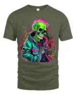 Psychedelic Skull in Jacket Tee Bold Urban Style T-Shirt - military green t-shirt on white background