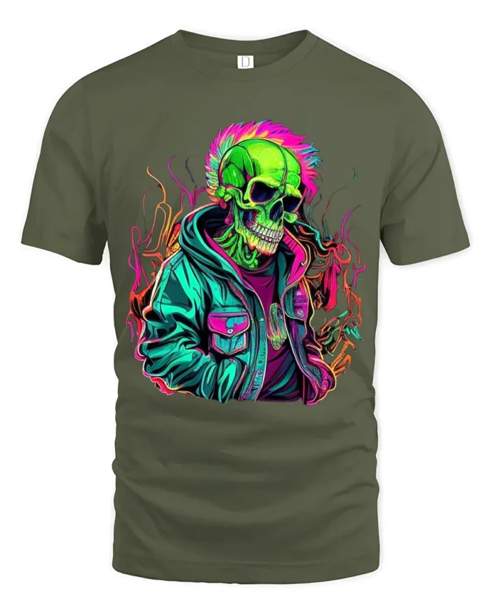 Psychedelic Skull in Jacket Tee  Bold Urban Style T-Shirt - military green t-shirt on white background