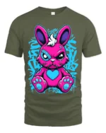 Edgy Pink Rabbit Tee with Heart and Graffiti Style Print - military green t-shirt on white background