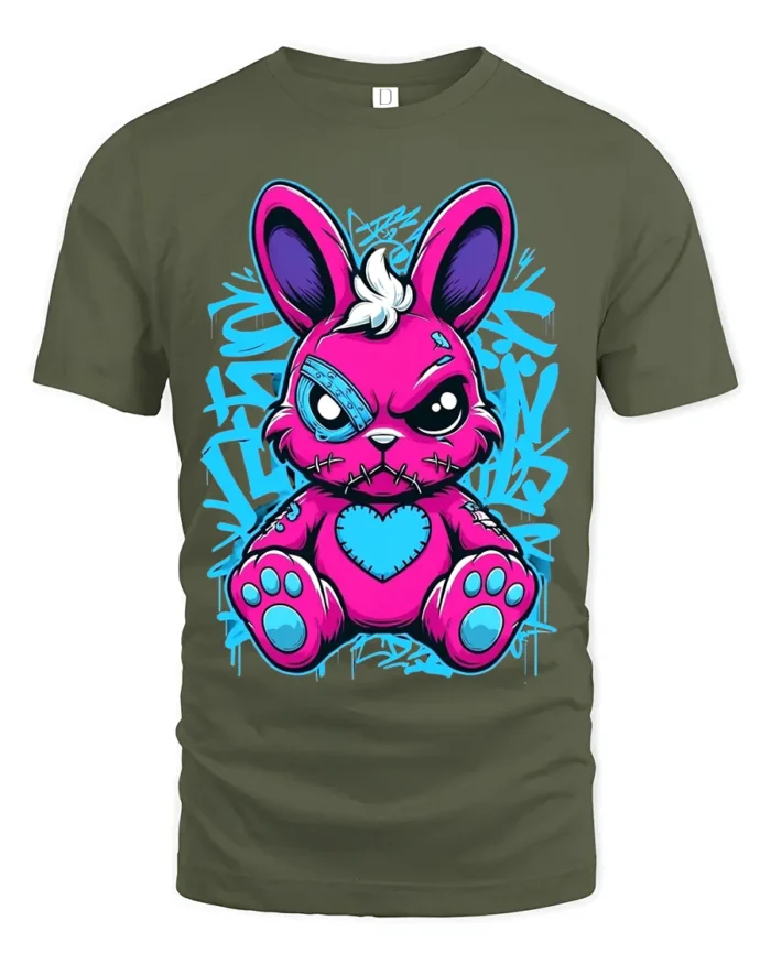 Edgy Pink Rabbit Tee with Heart and Graffiti Style Print - military green t-shirt on white background