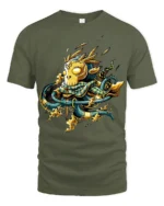 Bold Samurai Mask Tee with Fire and Katana Artwork Print - military green t-shirt on white background