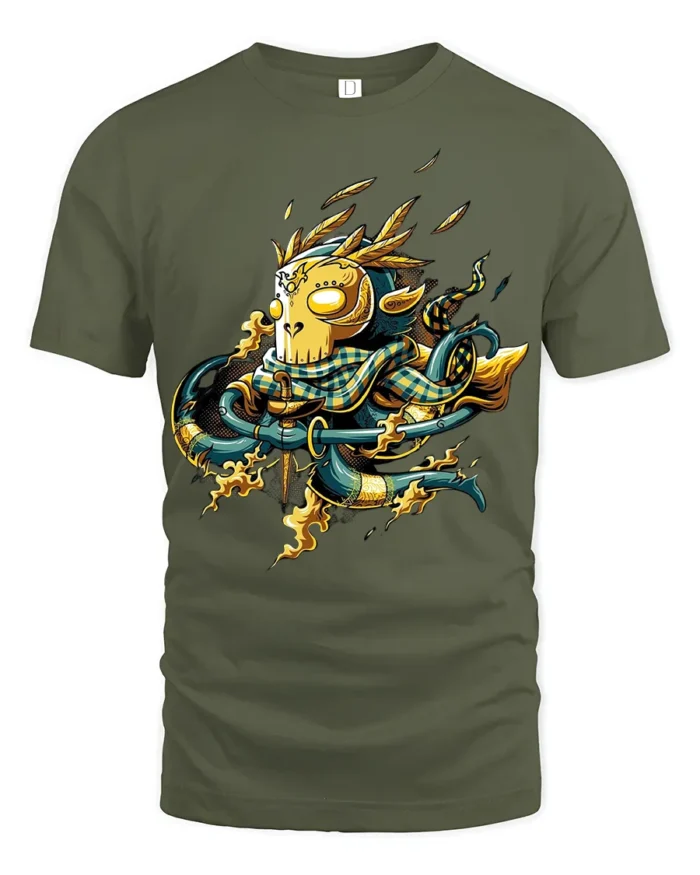 Bold Samurai Mask Tee with Fire and Katana Artwork Print - military green t-shirt on white background