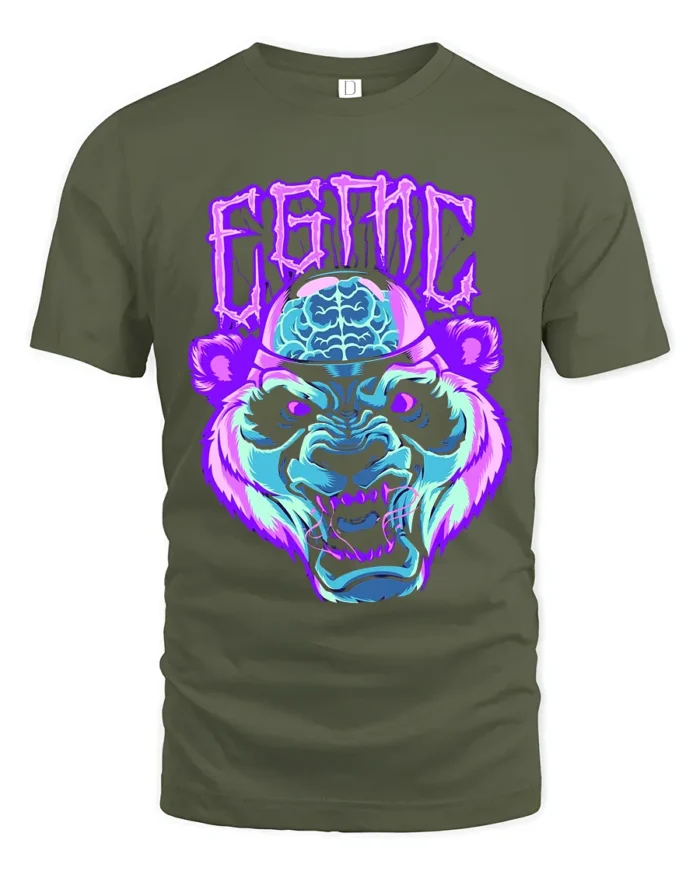 Neon Cyber Panda T-Shirt Glowing Brain Graphic Tee - military green t-shirt on white background