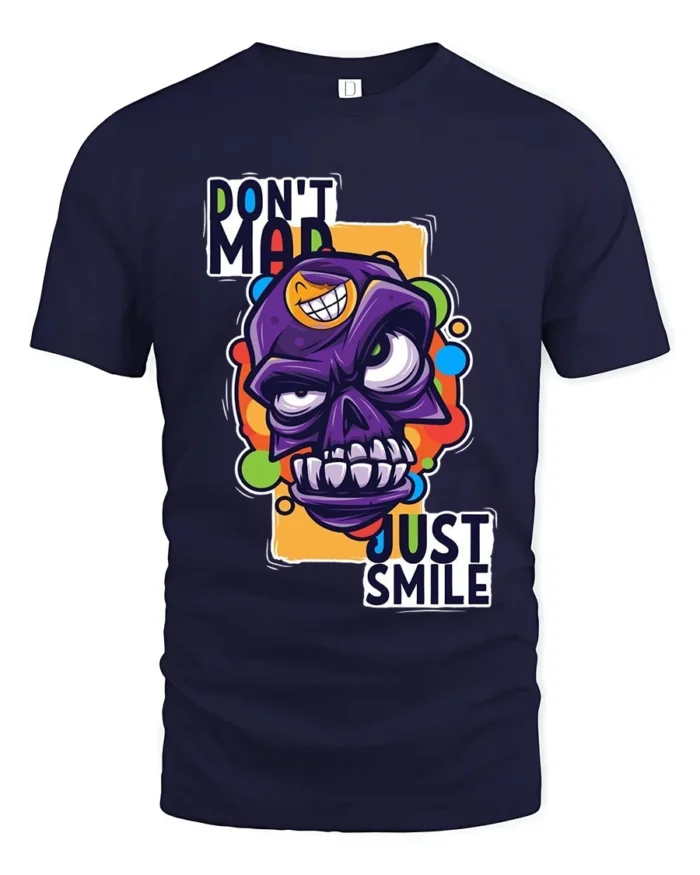 Colorful Angry Skull T-Shirt, Don’t Mad Just Smile Tee - navy t-shirt on white background