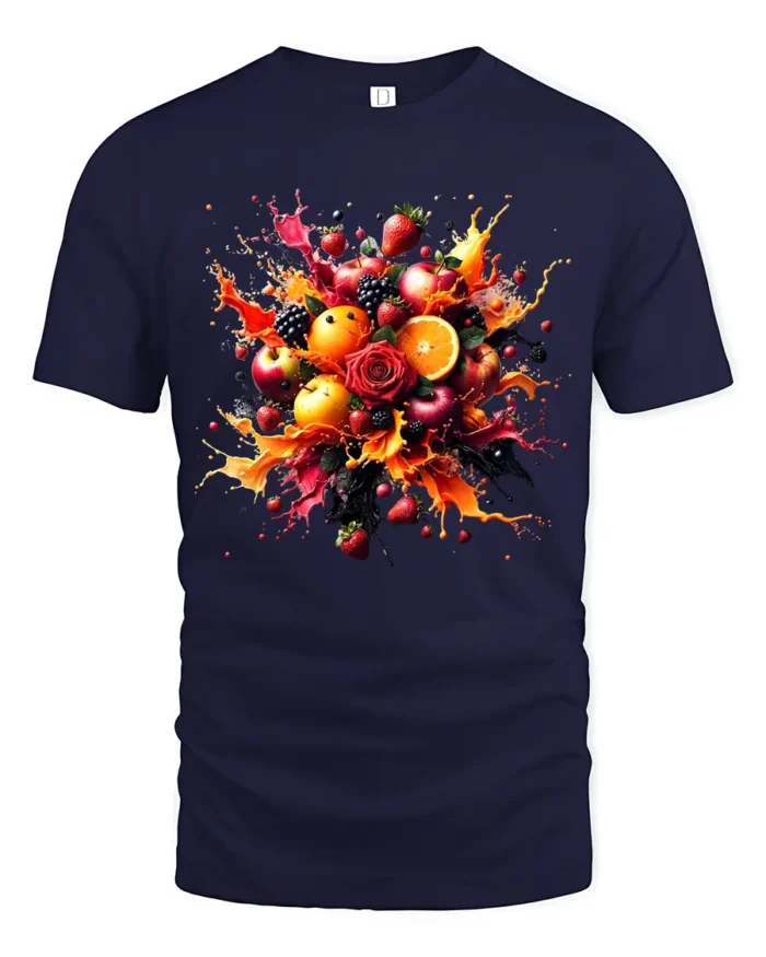 Fruit Splash Tee Colorful Berry Citrus Explosion T-Shirt - navy t-shirt on white background
