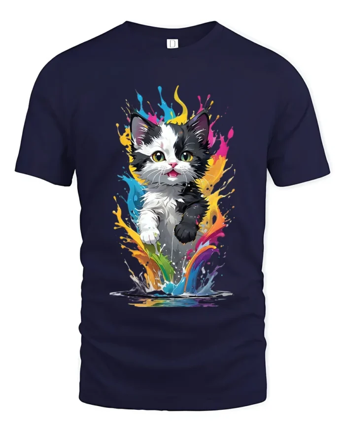 Rainbow Cat T-Shirt Vibrant Kitten Art Design Tee - navy t-shirt on white background