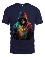 Neon Skull Hoodie T-Shirt Colorful Grim Reaper Tee - navy t-shirt on white background