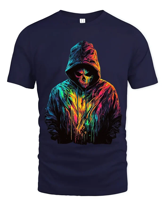 Neon Skull Hoodie T-Shirt Colorful Grim Reaper Tee - navy t-shirt on white background
