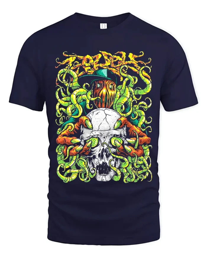 Prodigy Skull Tentacle Tee Music Band Graphic T-Shirt - navy t-shirt on white background