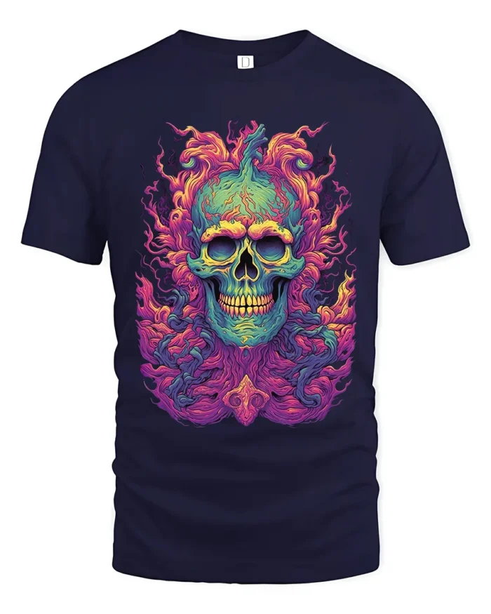 Electric Skull Tee Colorful Skull Face Graphic Tee Now - navy t-shirt on white background