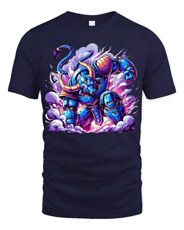 Epic Robotic Minotaur Tee Vibrant Sci-Fi Cotton Shirt - navy t-shirt on white background