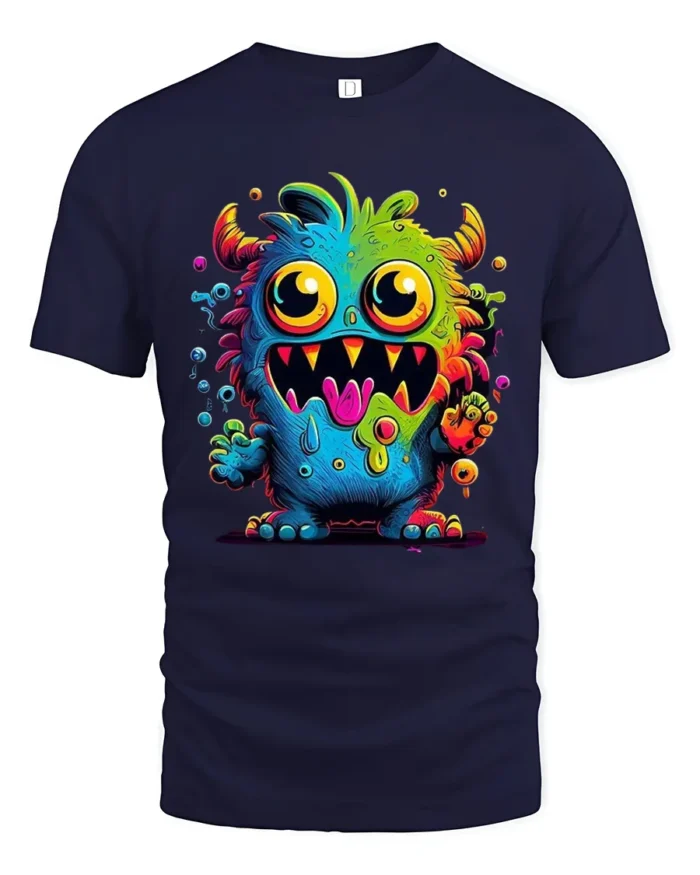Cute Monster Face Tee Funny Colorful Alien Graphic T-Shirt - navy t-shirt on white background