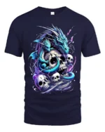 Epic Gothic Dragon T-Shirt Skulls Serpent Design Tee - navy t-shirt on white background