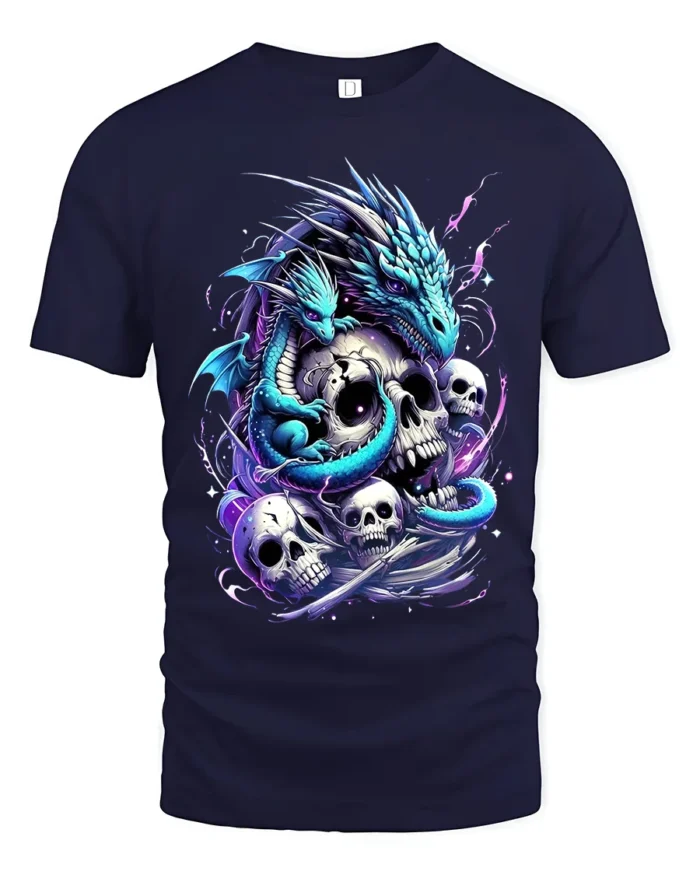 Epic Gothic Dragon T-Shirt Skulls Serpent Design Tee - navy t-shirt on white background