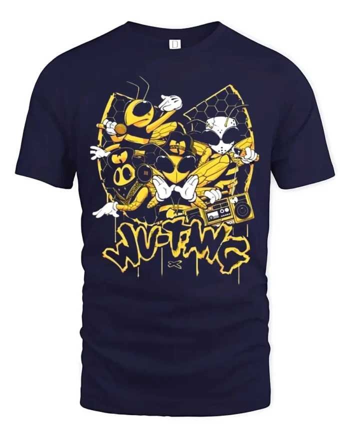 Wu-Twg Inspired T-Shirt Cool Bees and Boombox Graphic Tee - navy t-shirt on white background