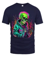 Psychedelic Skull in Jacket Tee Bold Urban Style T-Shirt - navy t-shirt on white background