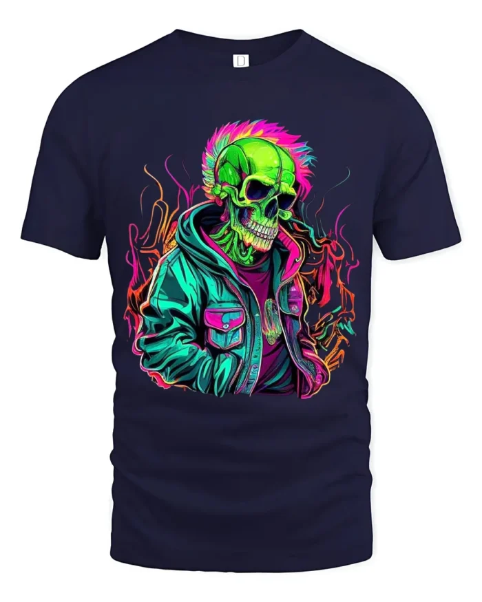 Psychedelic Skull in Jacket Tee  Bold Urban Style T-Shirt - navy t-shirt on white background