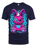 Edgy Pink Rabbit Tee with Heart and Graffiti Style Print - navy t-shirt on white background
