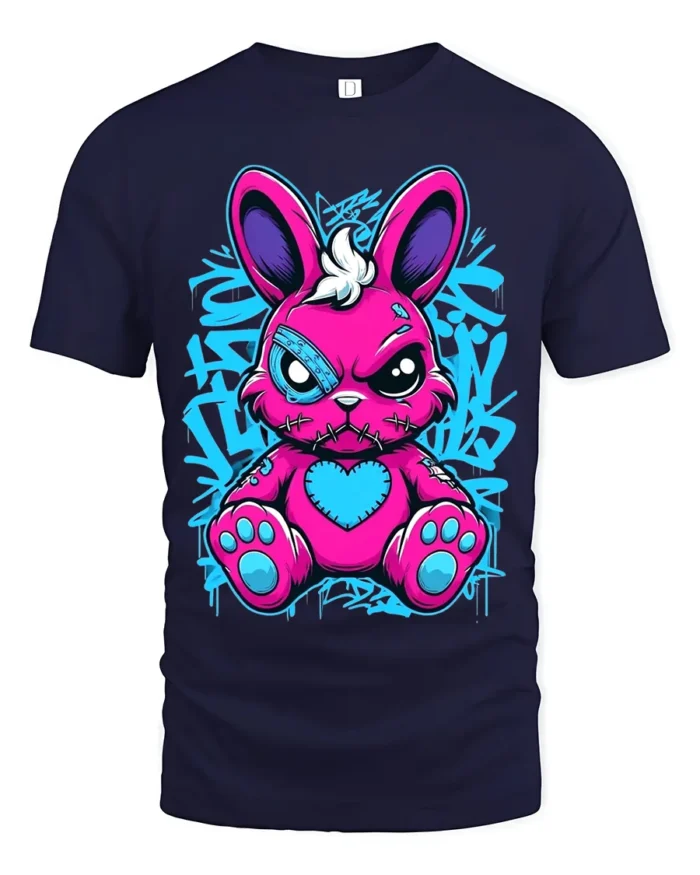 Edgy Pink Rabbit Tee with Heart and Graffiti Style Print - navy t-shirt on white background