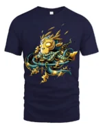 Bold Samurai Mask Tee with Fire and Katana Artwork Print - navy t-shirt on white background