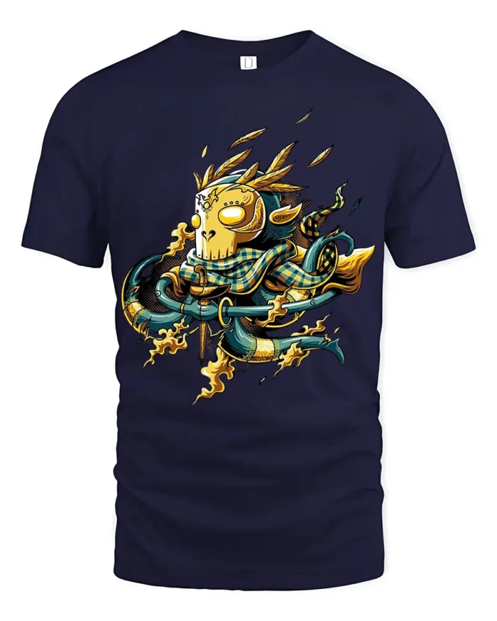 Bold Samurai Mask Tee with Fire and Katana Artwork Print - navy t-shirt on white background