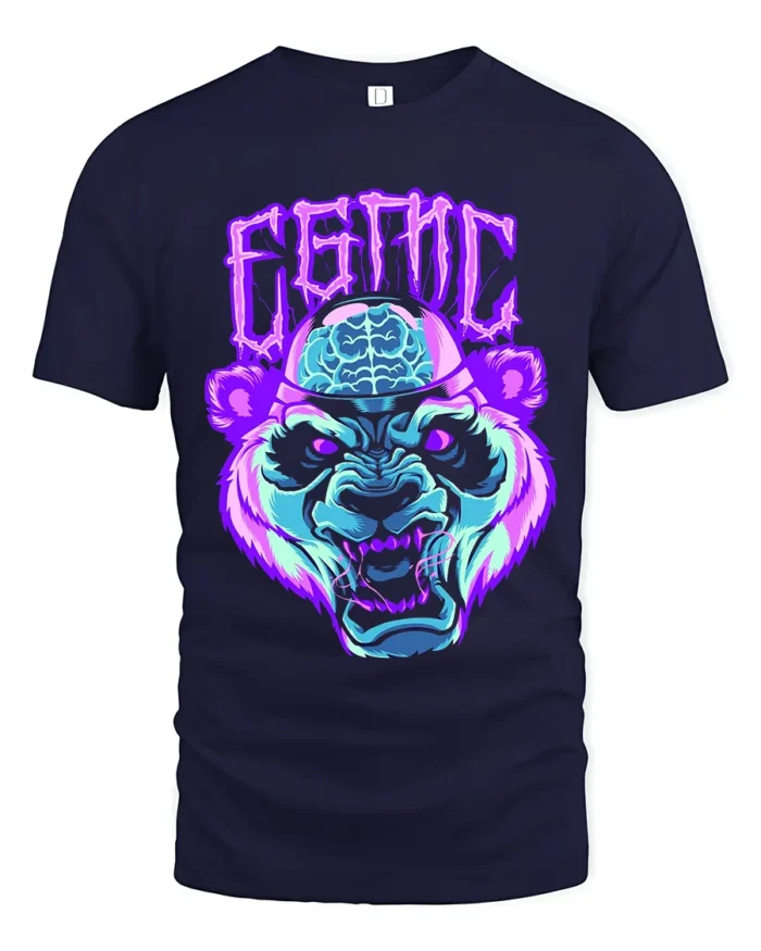 Neon Cyber Panda T-Shirt Glowing Brain Graphic Tee - navy t-shirt on white background