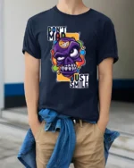 Colorful Angry Skull T-Shirt, Don’t Mad Just Smile Tee - model wearing navy shirt, hands in pockets