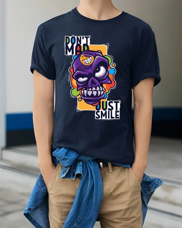 Colorful Angry Skull T-Shirt, Don’t Mad Just Smile Tee - model wearing navy shirt, hands in pockets