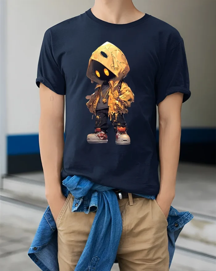 Mystery Hoodie Character Tee Street Style Black T-Shirt - model wearing navy shirt, hands in pockets