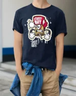 Street Art Spray Tee Graffiti Artist Graphic T-Shirt - model wearing navy shirt, hands in pockets