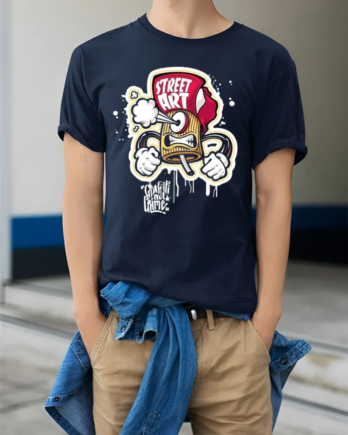 Street Art Spray Tee Graffiti Artist Graphic T-Shirt - model wearing navy shirt, hands in pockets