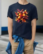 Fruit Splash Tee Colorful Berry Citrus Explosion T-Shirt - model wearing navy shirt, hands in pockets