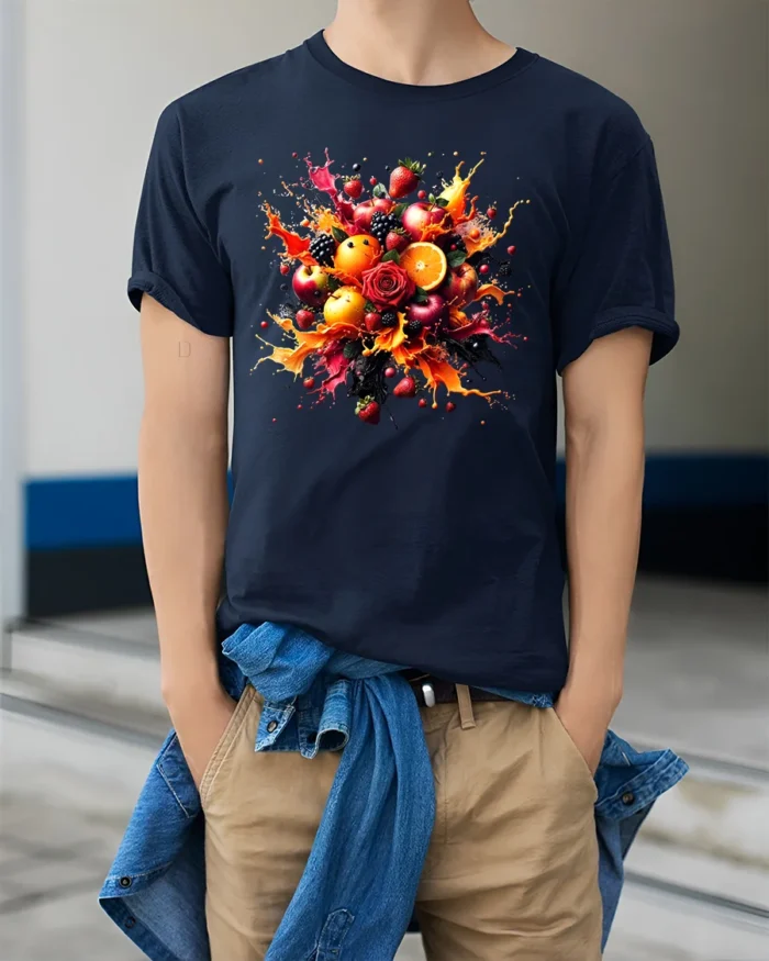 Fruit Splash Tee Colorful Berry Citrus Explosion T-Shirt - model wearing navy shirt, hands in pockets