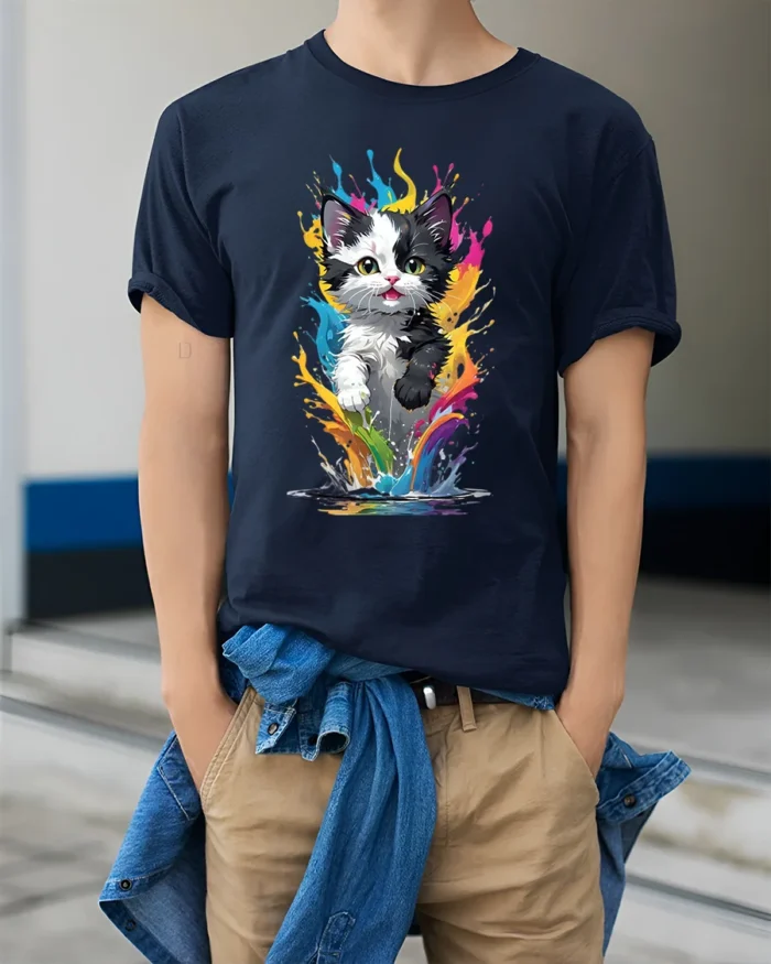 Rainbow Cat T-Shirt Vibrant Kitten Art Design Tee - model wearing navy shirt, hands in pockets