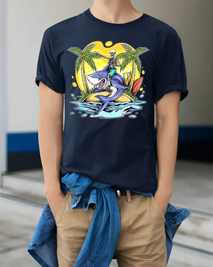 Tropical Skull Shark Tee Humorous Summer Vacation - model wearing navy shirt, hands in pockets