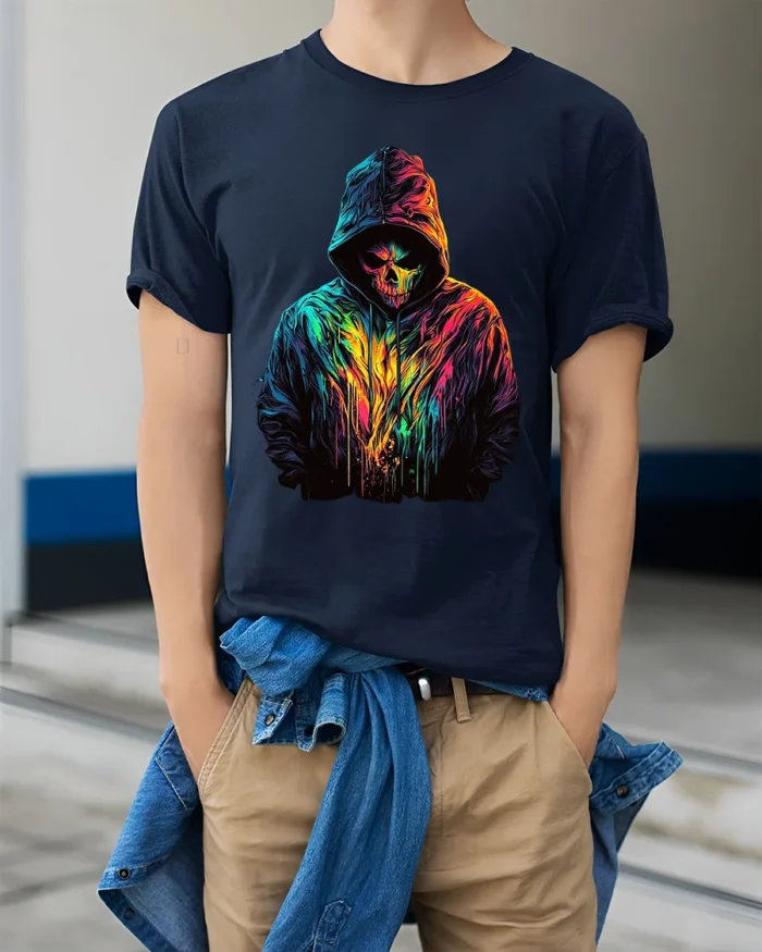 Neon Skull Hoodie T-Shirt Colorful Grim Reaper Tee - model wearing navy shirt, hands in pockets