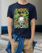 Prodigy Skull Tentacle Tee Music Band Graphic T-Shirt - model wearing navy shirt, hands in pockets