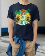 Island Vibes Coconut Tee Tropical Getaway T-Shirt - model wearing navy shirt, hands in pockets