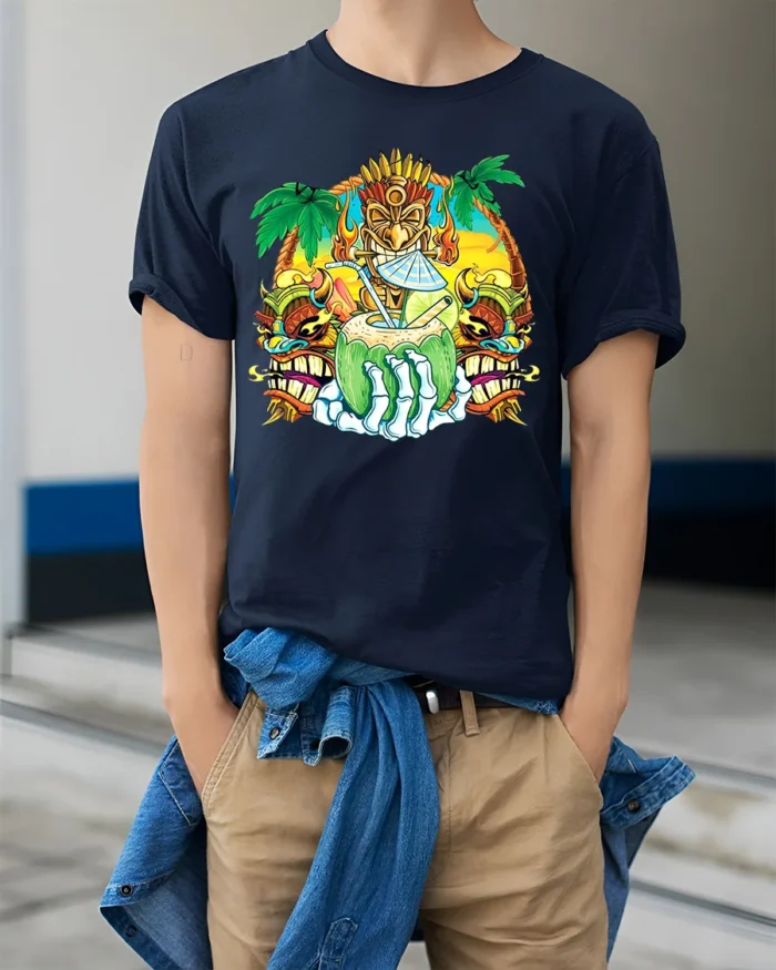 Island Vibes Coconut Tee Tropical Getaway T-Shirt - model wearing navy shirt, hands in pockets