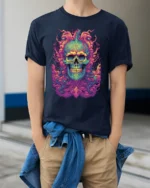 Electric Skull Tee Colorful Skull Face Graphic Tee Now - model wearing navy shirt, hands in pockets