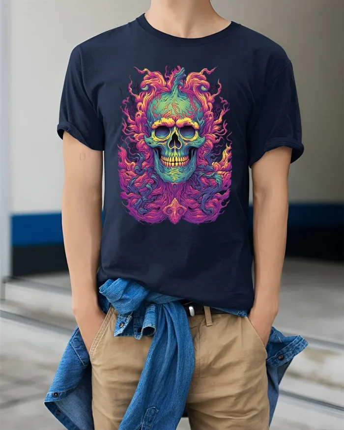 Electric Skull Tee Colorful Skull Face Graphic Tee Now - model wearing navy shirt, hands in pockets