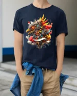 Pancasila Eagle T-Shirt Powerful Asian Bird Art Tee - model wearing navy shirt, hands in pockets