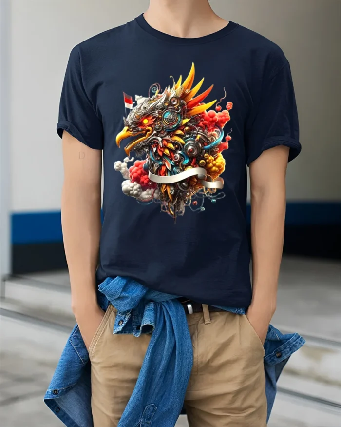 Pancasila Eagle T-Shirt Powerful Asian Bird Art Tee - model wearing navy shirt, hands in pockets